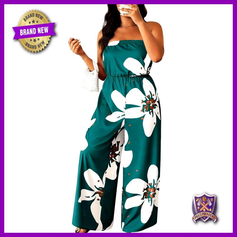 Plus Size Strapless Jumpsuit Floral Print Off Shoulder Summer Romper